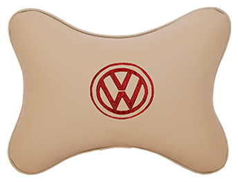 Автомобильная подушка на подголовник экокожа Beige (красная) с логотипом автомобиля Volkswagen