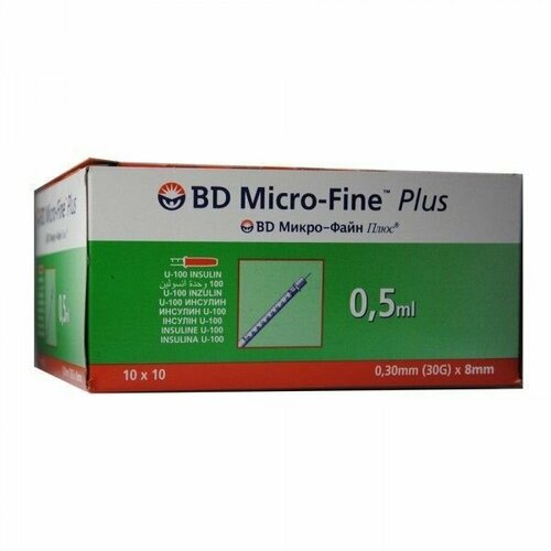 Шприц инсулиновый BD Micro-Fine Plus U-100 трехкомпонентный 0,5 мл 30G (0,3 мм х 8 мм), 100 шт.