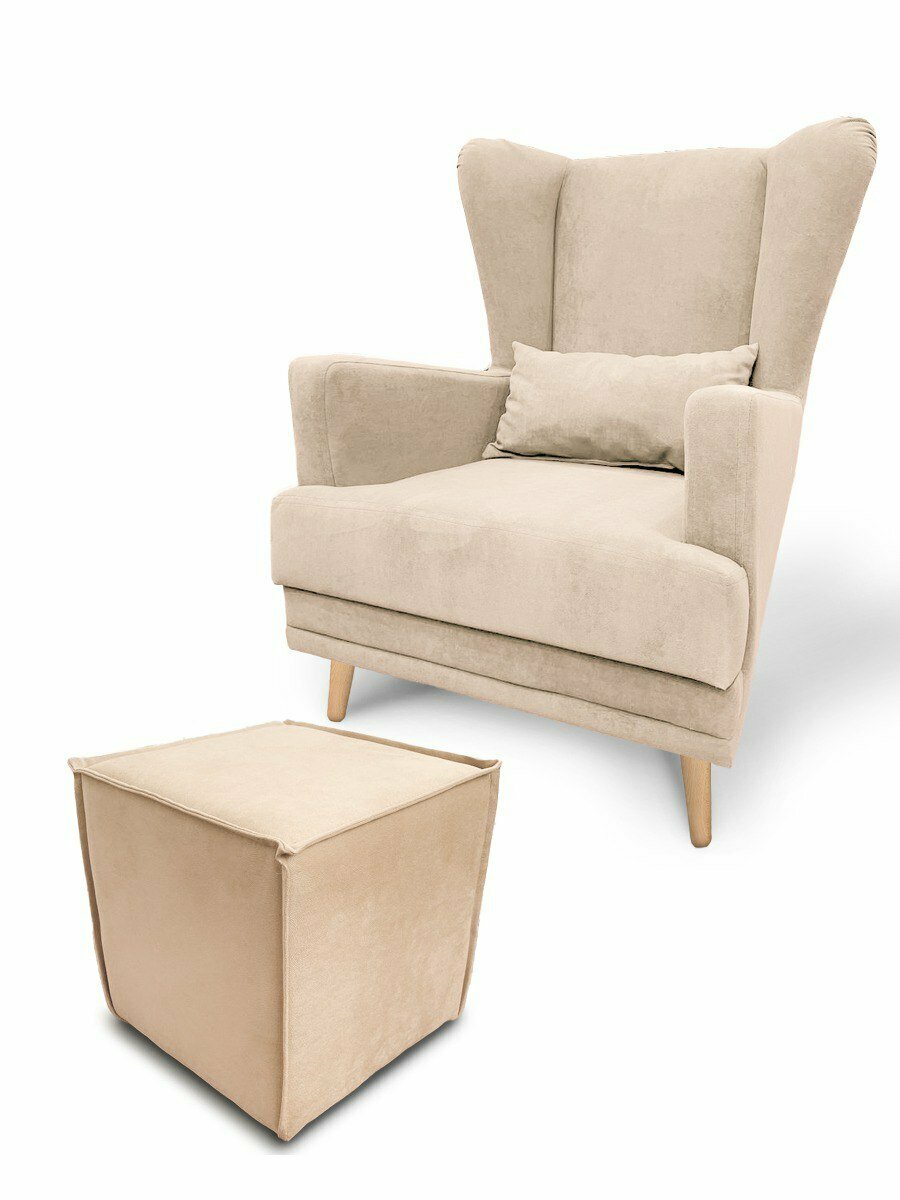Кресло MF-SOFA "Честер", с пуфом в комплекте, велюр, бежевое