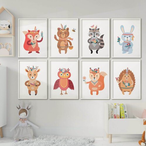 Изображение товара Постер 8 шт 21х30 без рамки "Животные бохо в детскую" набор картин для интерьера