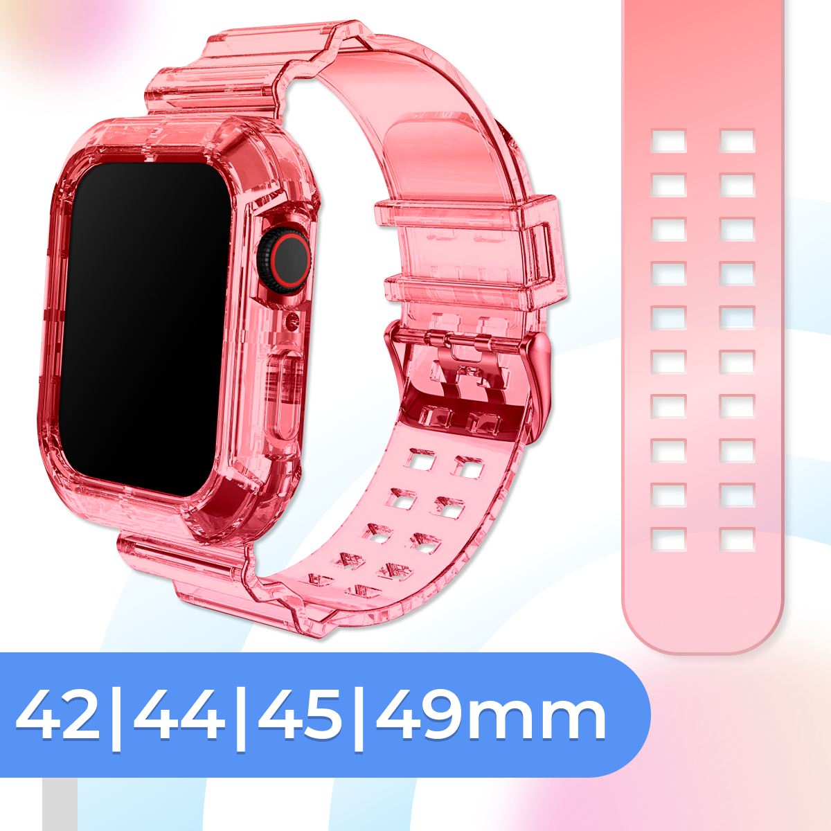 Прозрачный силиконовый ремешок для умных часов Apple Watch 42-44-45-49 mm / Спортивный браслет для смарт часов Эпл Вотч 1-9, SE, Ultra / Красная роза