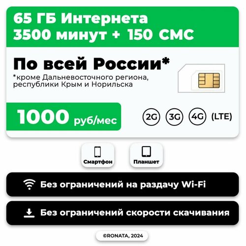 SIM-карта 3500 минут + 60 гб интернет 3G/4G + 150 СМС за 1000 руб/мес (смартфон) + безлимит на мессенджеры (Москва и область)