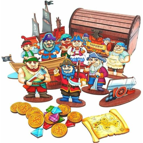 фото Игровой набор на подставках "пираты" в сундуке, детская деревянная игра на развитие мелкой моторики, памяти, логического мышления, восприятия форм и цвета, 48 деталей, 3+ нескучные игры