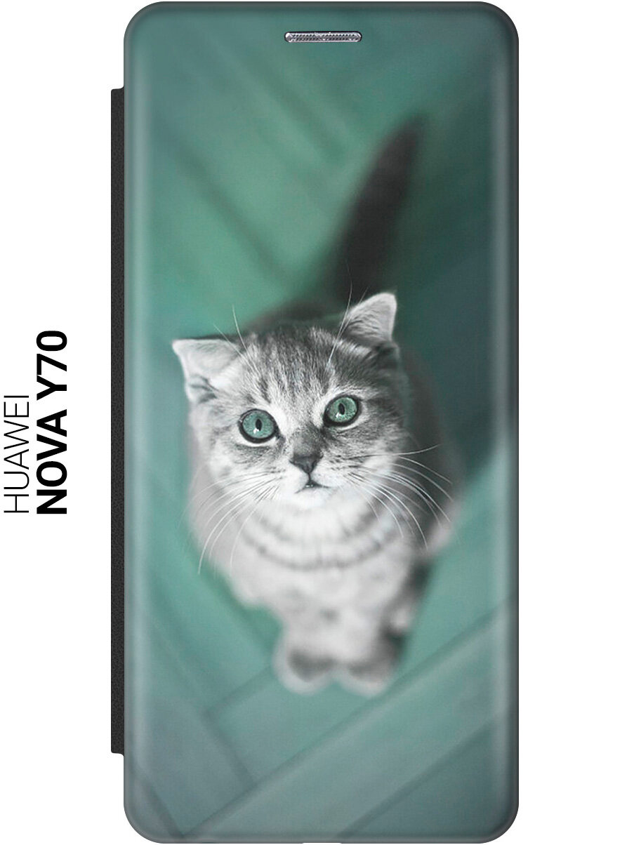 Чехол-книжка на Huawei nova Y70 / Хуавей Нова У70 с рисунком "Котик на зеленом полу" черный