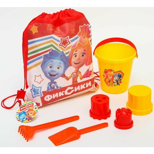 Песочный набор фиксики Симка и Нолик ведерко 1 л грабли совок 3 формочки в рюкзаке 492₽
