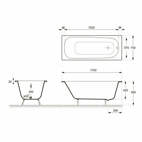 Ванна чугунная Delice Continental 170x70 DLR230613R с отверстиями под ручки