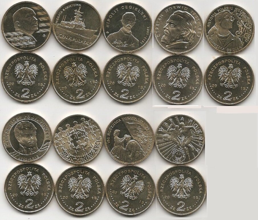 (244 246 249-253 255 256 9 монет по 2 злотых) Набор монет Польша 2013 год UNC