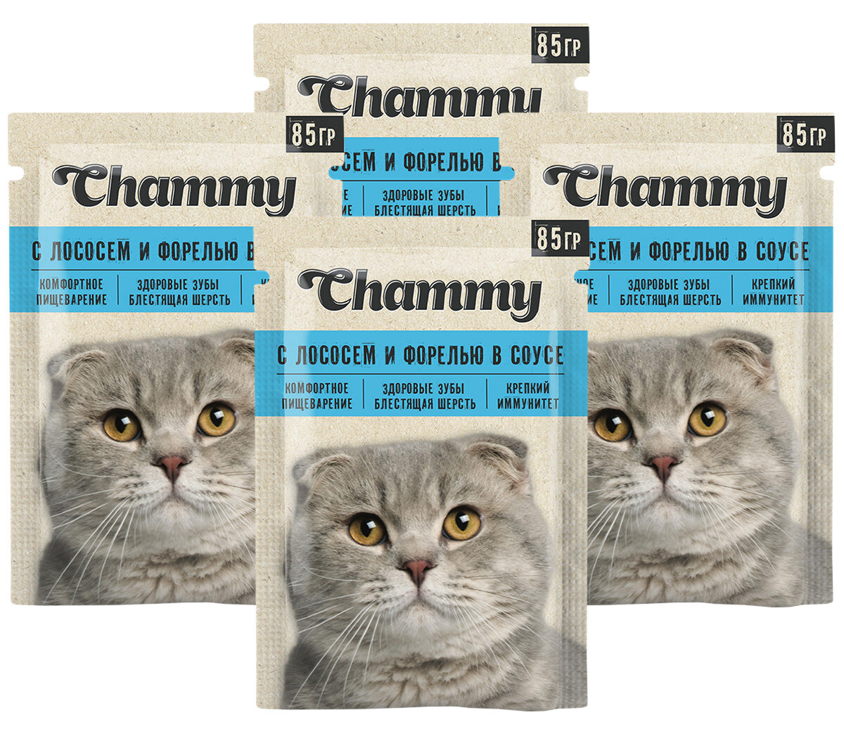 Корм влажный Chammy для взрослых кошек с лососем и форелью в соусе, 85 г х 4 шт