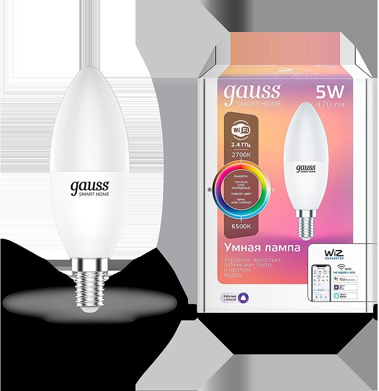лампа GAUSS Smart Home 5Вт Е14 LED 470Лм 2700/6500К С37 RGBW свеча дим - фото №12