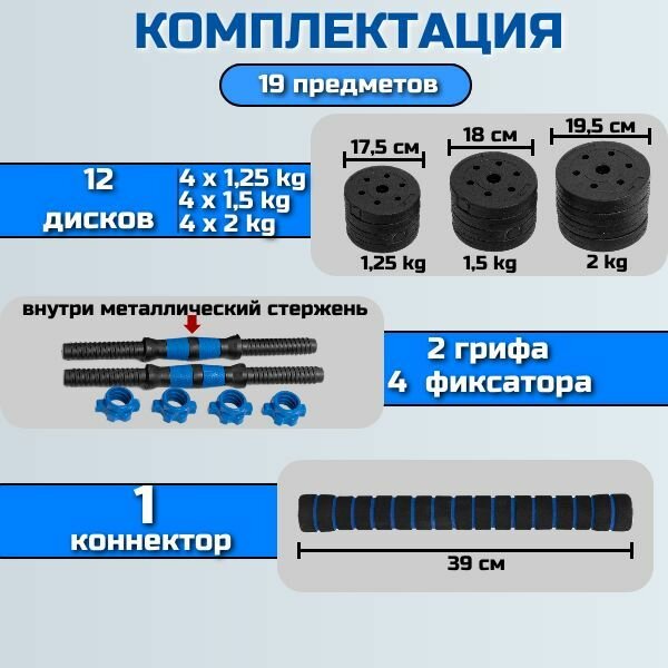 Гантели OneFit 701-002, разборные, с коннекторами, шершавые, пластик, синие, 20кг — фото 1