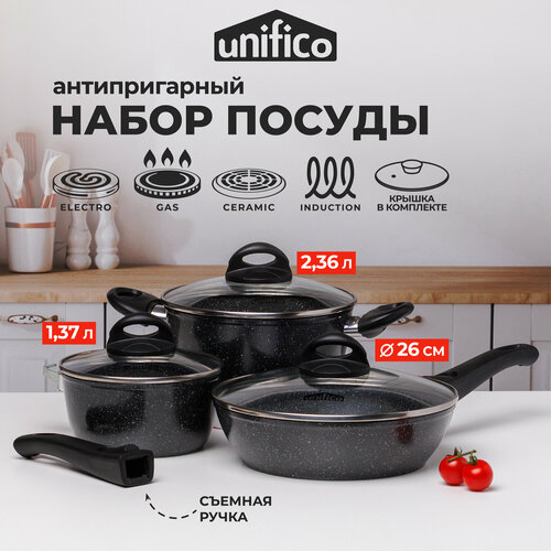 Набор посуды для приготовления с крышками для индукционной плиты Unifico Vigoroso Nero (сковорода, ковш кухонный, кастрюля)