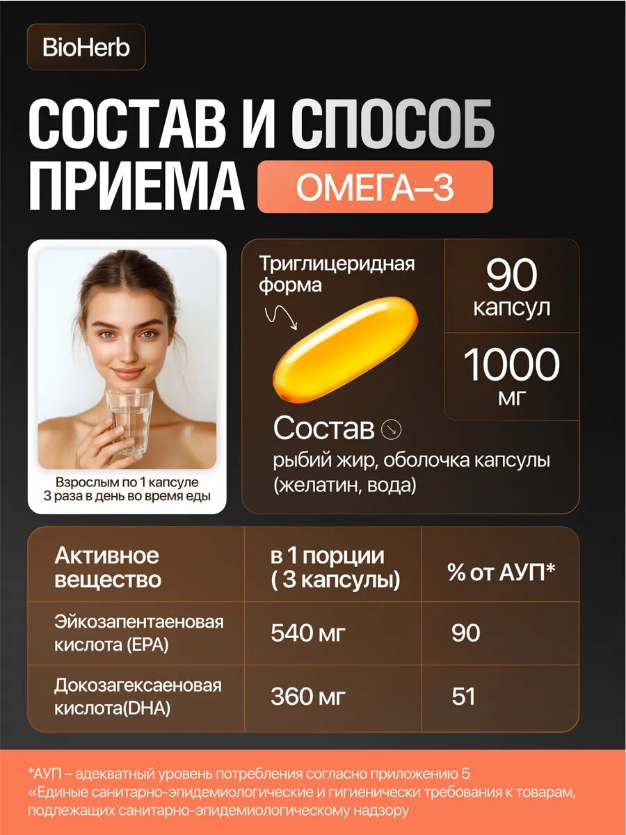 Набор витаминов BioHerb Омега 3 +Магний В6 +Витамин Д3, БАД, укрепление иммунитета — фото 1