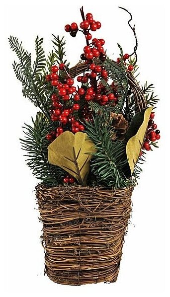 Декоративная корзинка зимняя ягода, хвоя 100% литая РЕ, 32х30 см, Kaemingk 689073