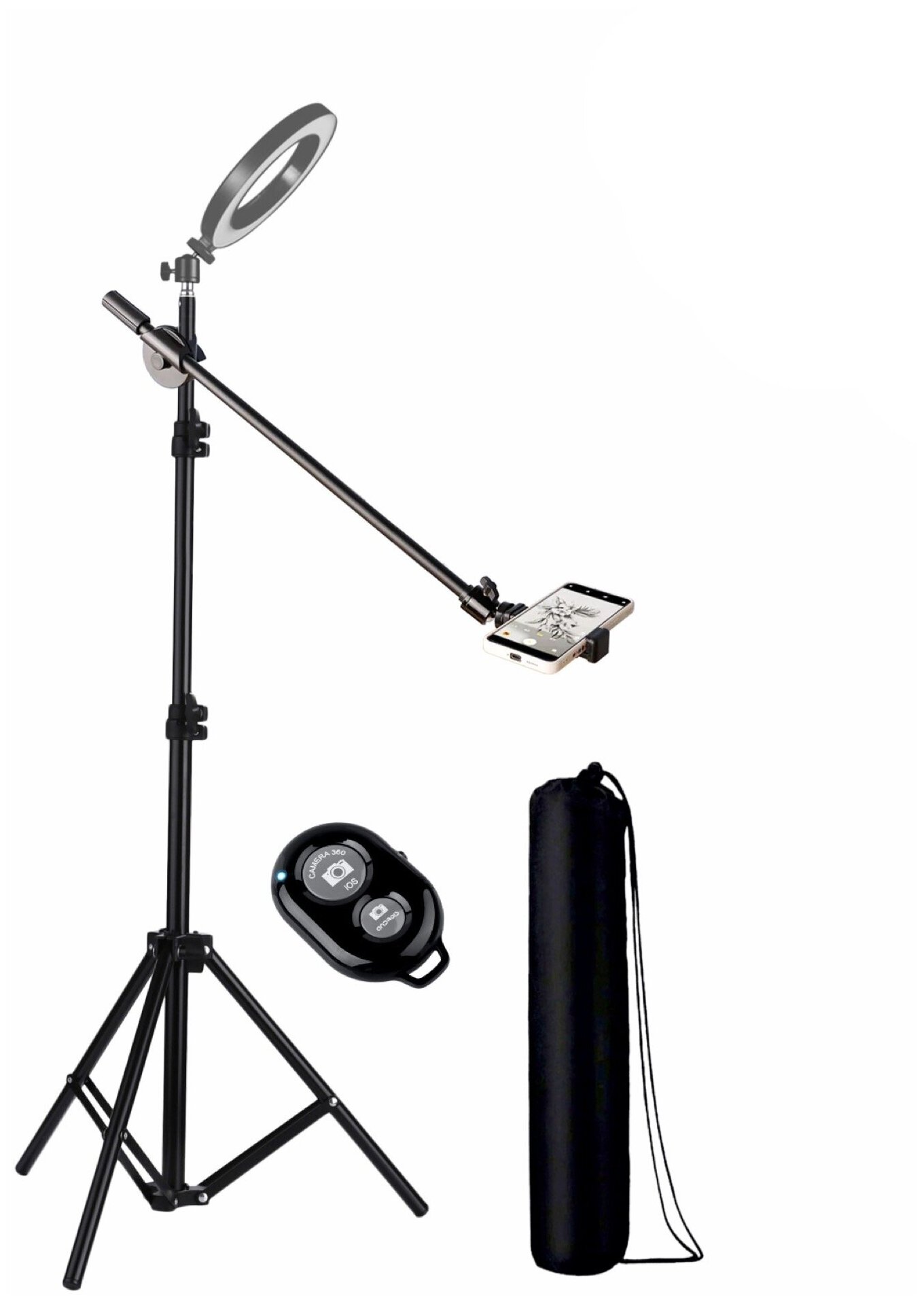 Напольная стойка для кольцевой лампы на усиленном штативе для съемки сверху с держателем для телефона, сумкой-чехлом и кнопкой Bluetooth