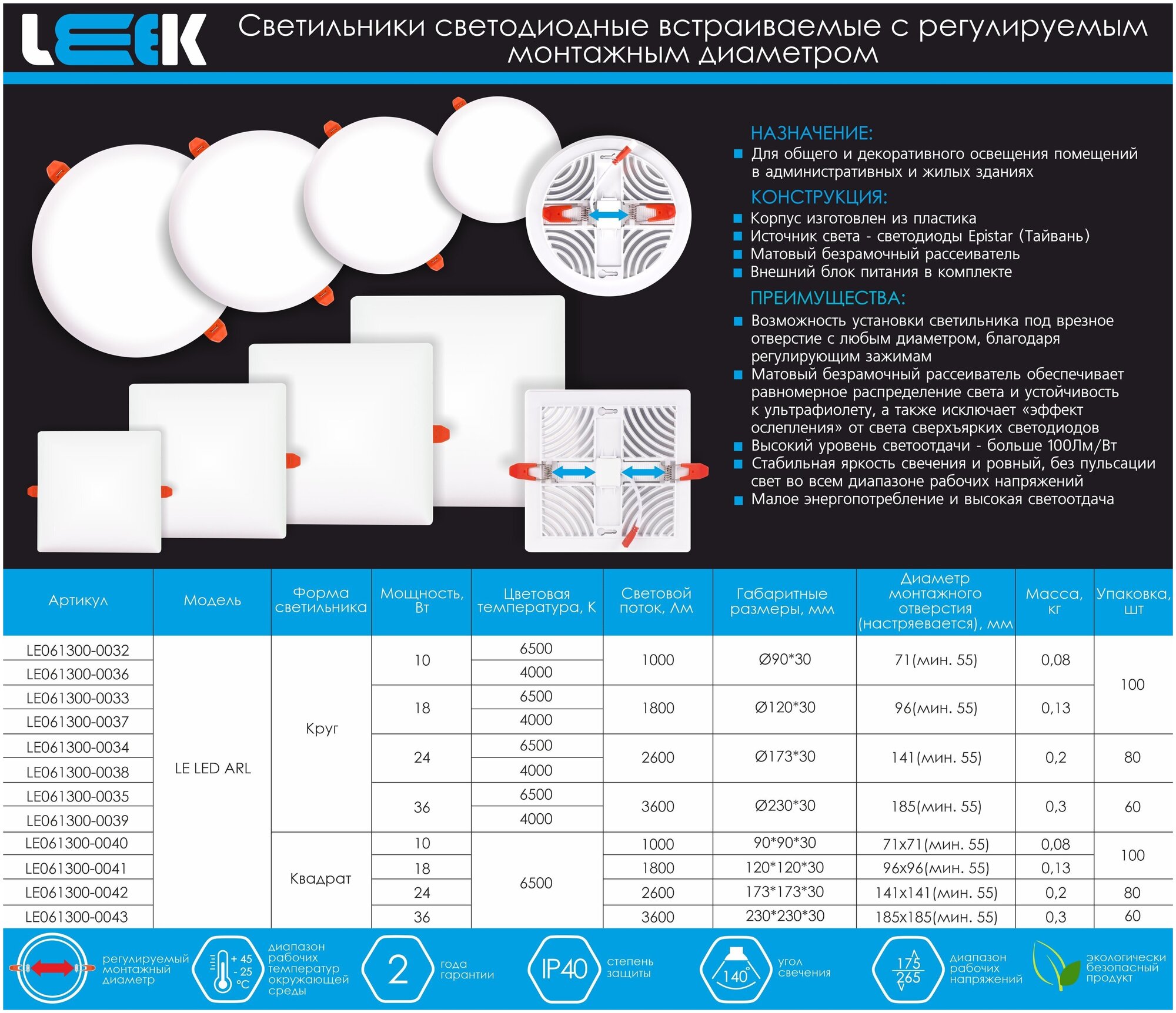 Светодиодный светильник встраиваемый LE LED ARL 18W 6500K (круг) (100) - фотография № 2