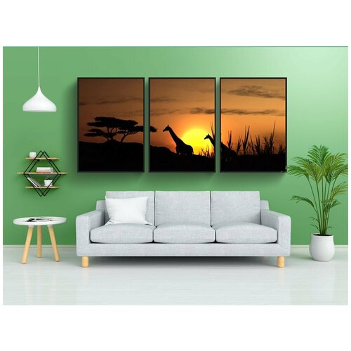 фото Набор модулных постеров для интерьера "заход солнца, солнце, жирафа" 60x90 см. в тубусе, без рамки lotsprints