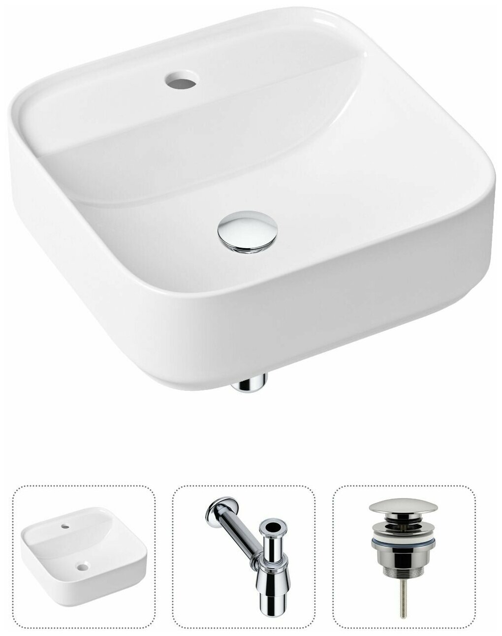 Накладная раковина в ванную Lavinia Boho Bathroom Sink Slim 21520274 в комплекте 3 в 1: умывальник белый, донный клапан и сифон в цвете хром