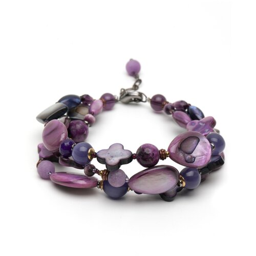 фото Браслет трехрядный из натурального камня от дизайнера diana savitskaya - фиеста - из перламутра, кошачьего глаза и кварца, сиренево-фиолетовый, 18-22 см