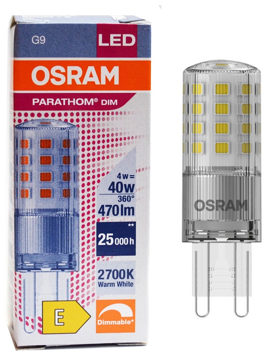 Лампочка светодиодная OSRAM Капсула G9 4Вт 220В 470Лм 2700К Теплый белый Диммируемая упаковка 1шт