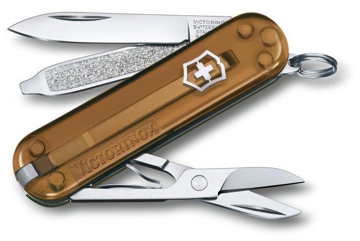 Нож швейцарский складной Victorinox «Classic SD Transparent Chocolate Fudge», 7 функций, длина клинка: 4.0 см 0.6223.T55G