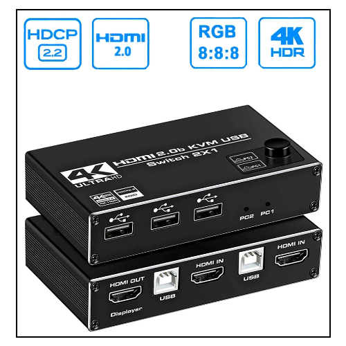 KVM Переключатель HDMI 2 на 1 + USB 2.0b 4K HDR