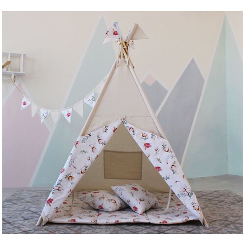 Детский вигвам Хлопковый рай, с окошком, кармашком, двусторонним ковриком и системой антискладывания (стартовый комплект)