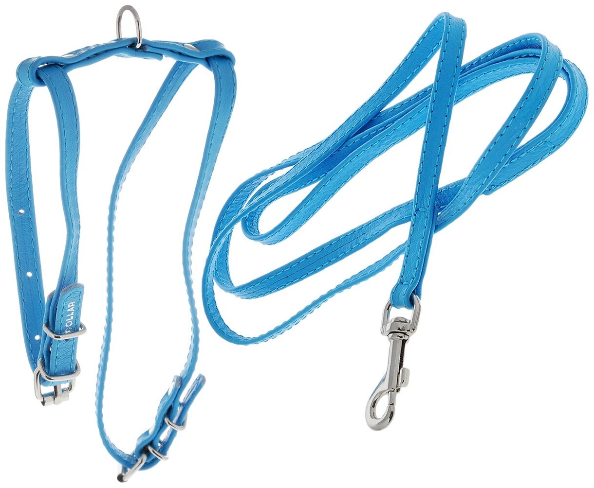 Collar шлея кожаная Glamour с поводком ширина 10 мм., Синий - фотография № 2