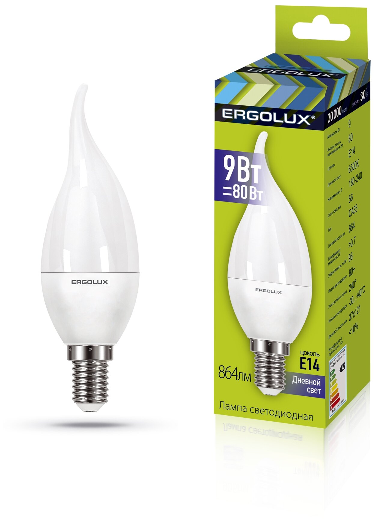 Набор из 10 светодиодных лампочек Ergolux LED 9W 6500К E14 свеча на ветру (14233)