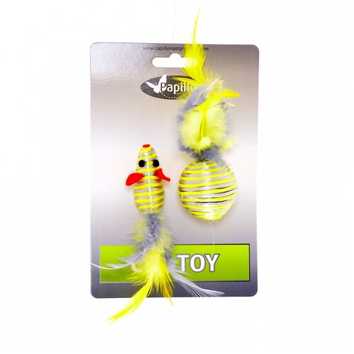 Papillon мышка и мячик с перьями 5+4см серебряно-золотые, сat toy mouse 5 cm and ball 4 cm with feather on card