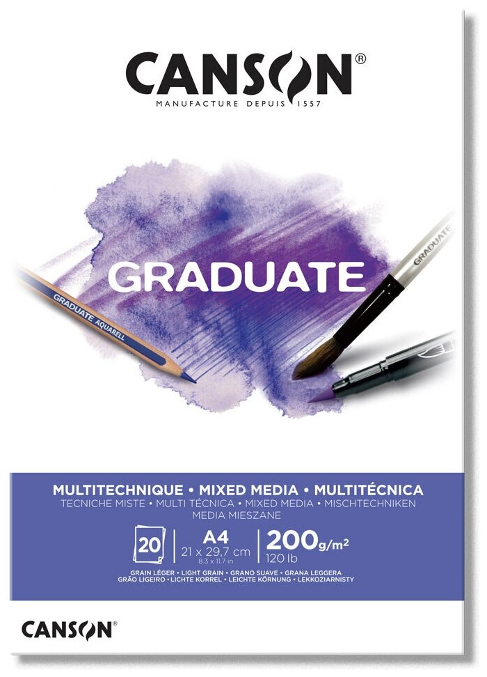 Canson Склейка "Graduate", Mix media, по короткой, белый 20л, A4, 200г/м2, среднезернистая