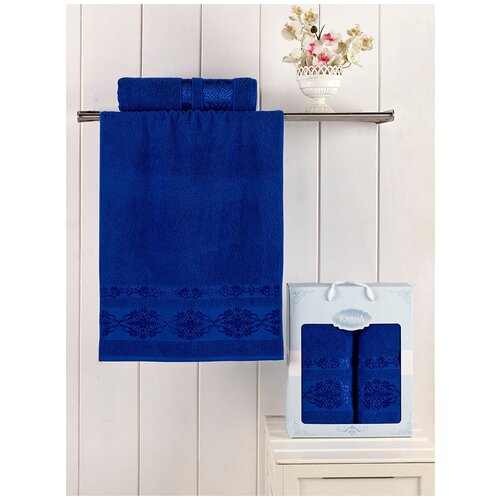 фото Полотенце махровое karna турция «rebeka» 100 % хлопок (синий) подарочный набор в коробке 2 предмета: лицевое полотенце 50x90 см и банное 70х140 см