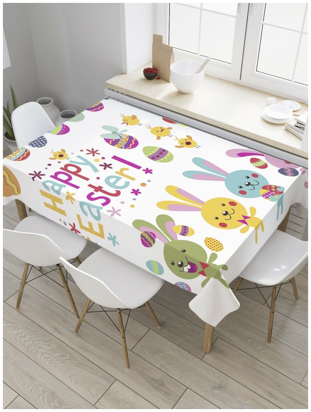 Скатерть прямоугольная JoyArty на кухонный стол "Зайчики и пасхальные яйца" из оксфорда, 120x145 см