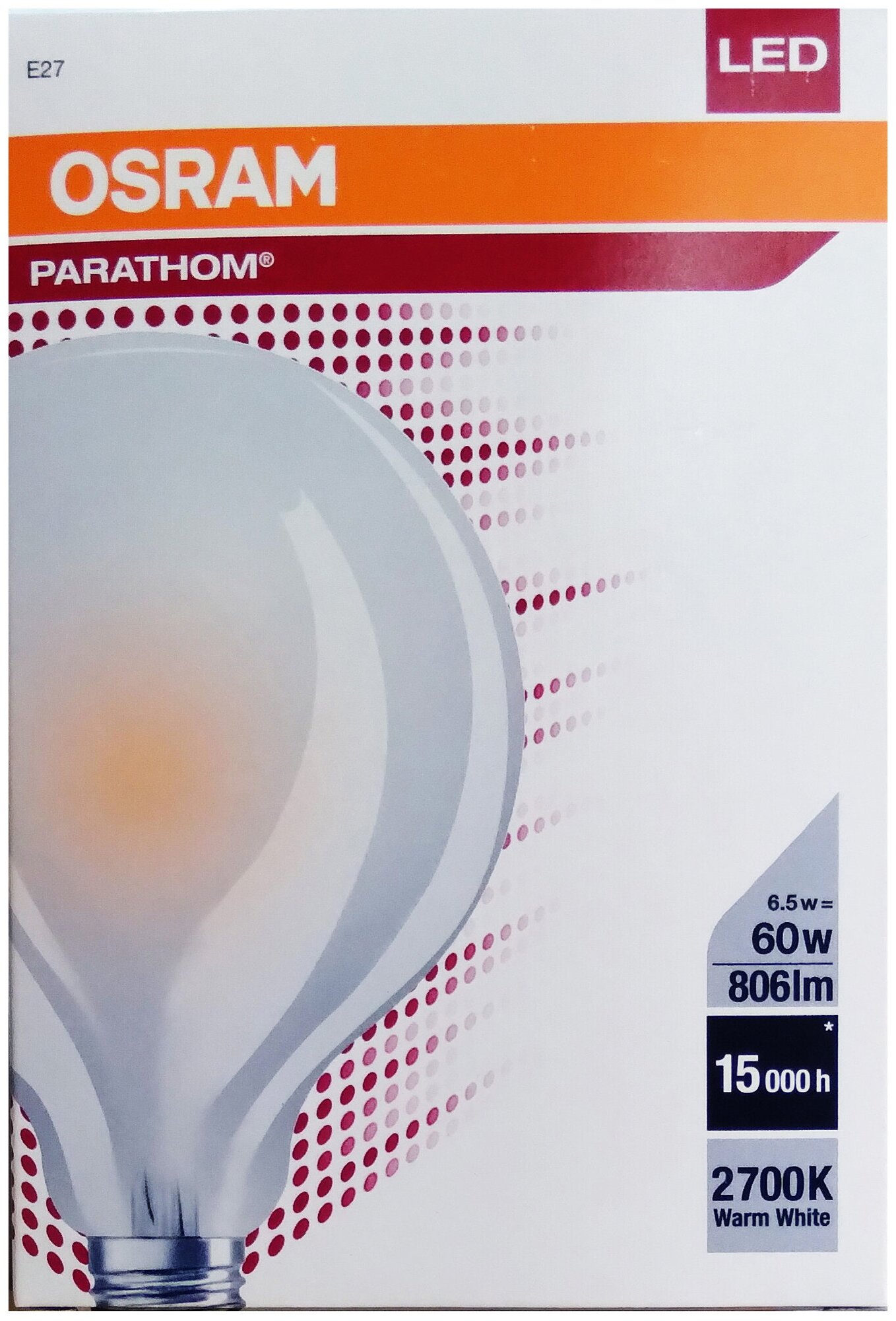 Лампа светодиодная OSRAM Parathom GLOBE95 60 65W/827 E27 FR