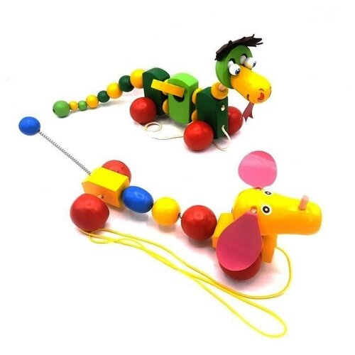 фото Детская деревянная каталка для малышей "забавные животные" на веревочке с эксцентричными колесикамии wooden toys