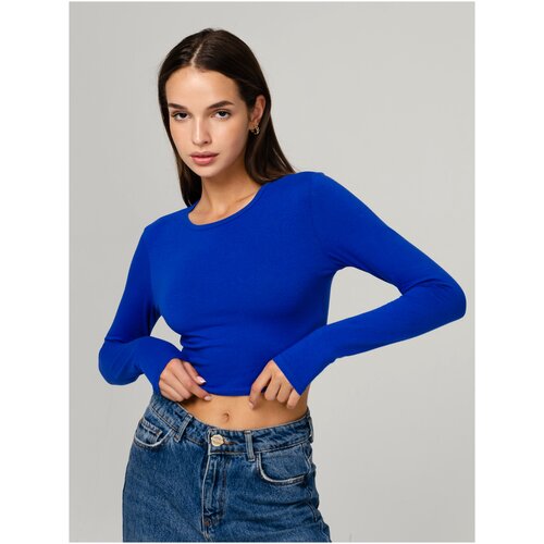 Лонгслив размер L, синий женский пуловер с длинным рукавом повседневный свободный однотонный пуловер с круглым вырезом осень 2023