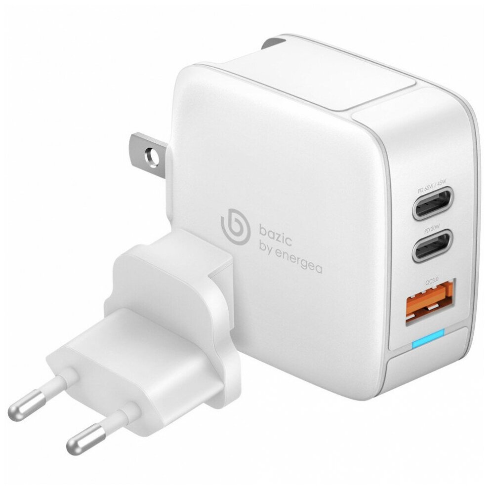 Сетевое зарядное устройство EnergEA Bazic GoPort Gan65 [2x USB-C 65W + USB-A 65W], White (CHR-GP-GAN65W-EU)