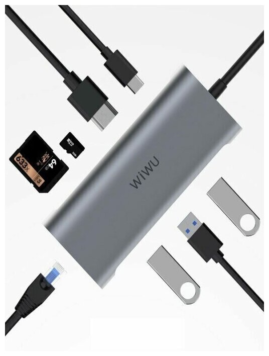 Хаб WiWU Alpha 8 in 1 831 HRT-g Type C to x3 USB 3.0, Type C, HDMI, RJ45, Card reader