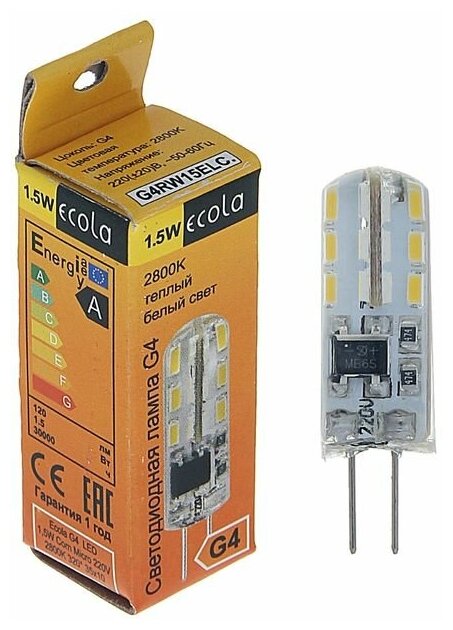 Лампа светодиодная Ecola Corn Micro, G4, 1.5 Вт, 2800 K, 320°, 35х10 мм - фотография № 1