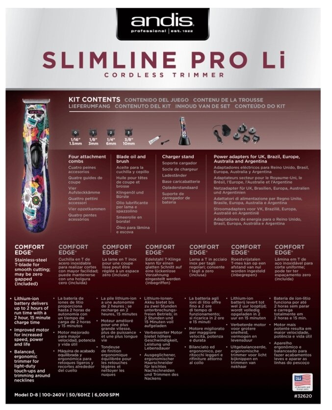 Триммер для стрижки волос Andis D-8 Slimline Pro Sugar Skull 0.1 мм, аккум/сетевой, 2.45 W, 4 нас. 3 - фотография № 7