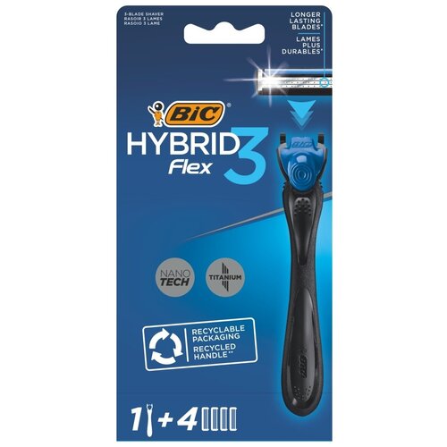 Мужская бритва 3 лезвия BIC Hybrid 3 Flex с плавающей головкой бритвенный станок для мужчин + 4 сменные кассеты с Алоэ Вера и витамином Е