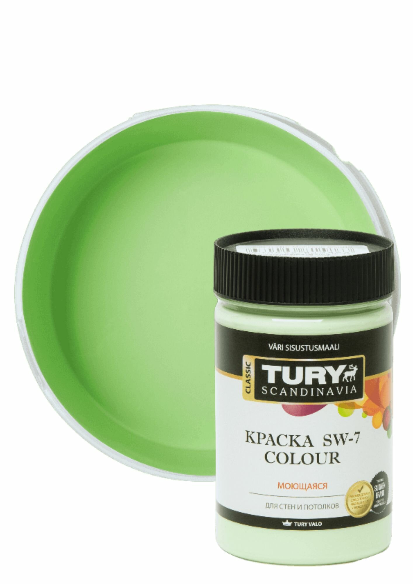 Краска для обоев, стен и потолков TURY SW-7 Colour акриловая моющаяся быстросохнущая матовая, без запаха, цвет Молодое яблоко, 0.4 кг