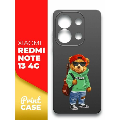 Чехол на Xiaomi Redmi Note 13 4G (Ксиоми Редми Ноте 13 4г) черный матовый силиконовый с защитой (бортиком) вокруг камер, Miuko (принт) Мишка Гитара чехол на xiaomi redmi note 13 4g ксиоми редми ноте 13 4г черный матовый силиконовый с защитой бортиком вокруг камер miuko принт киберспорт