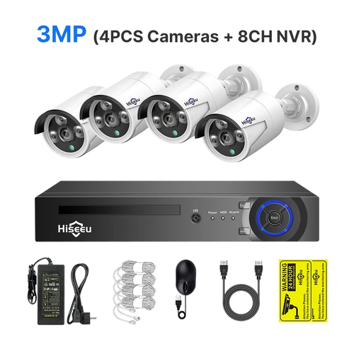 Hiseeu 3MP 4шт H.265 8CH POE Система видеонаблюдения комплект Водонепроницаемый Аудио запись IP домашнее CCTV видео NVR 3MP 4PCS System Kit