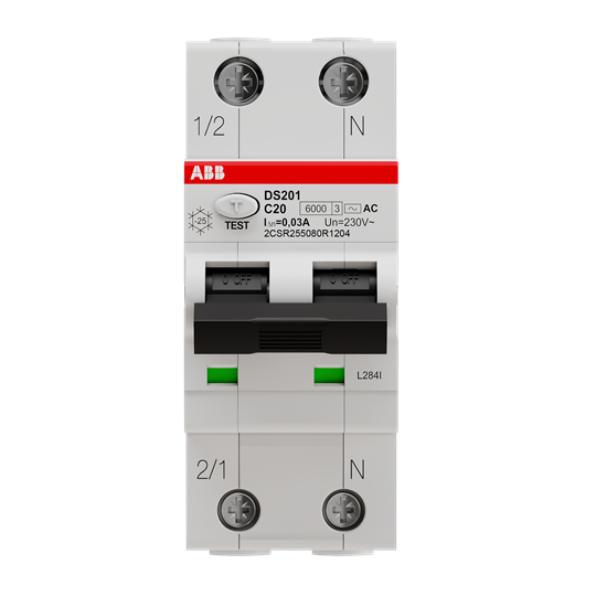 ABB DS201 C20AC30 Диффер. автомат 2-х полюсный 20А 30 mA тип AC 6кА 2CSR255080R1204