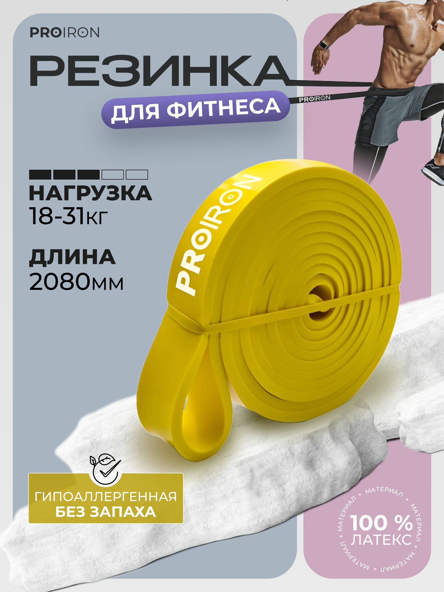 Резинка для фитнеса, PROIRON, нагрузка 18-31 кг, 2080х22х4,5 мм, желтый