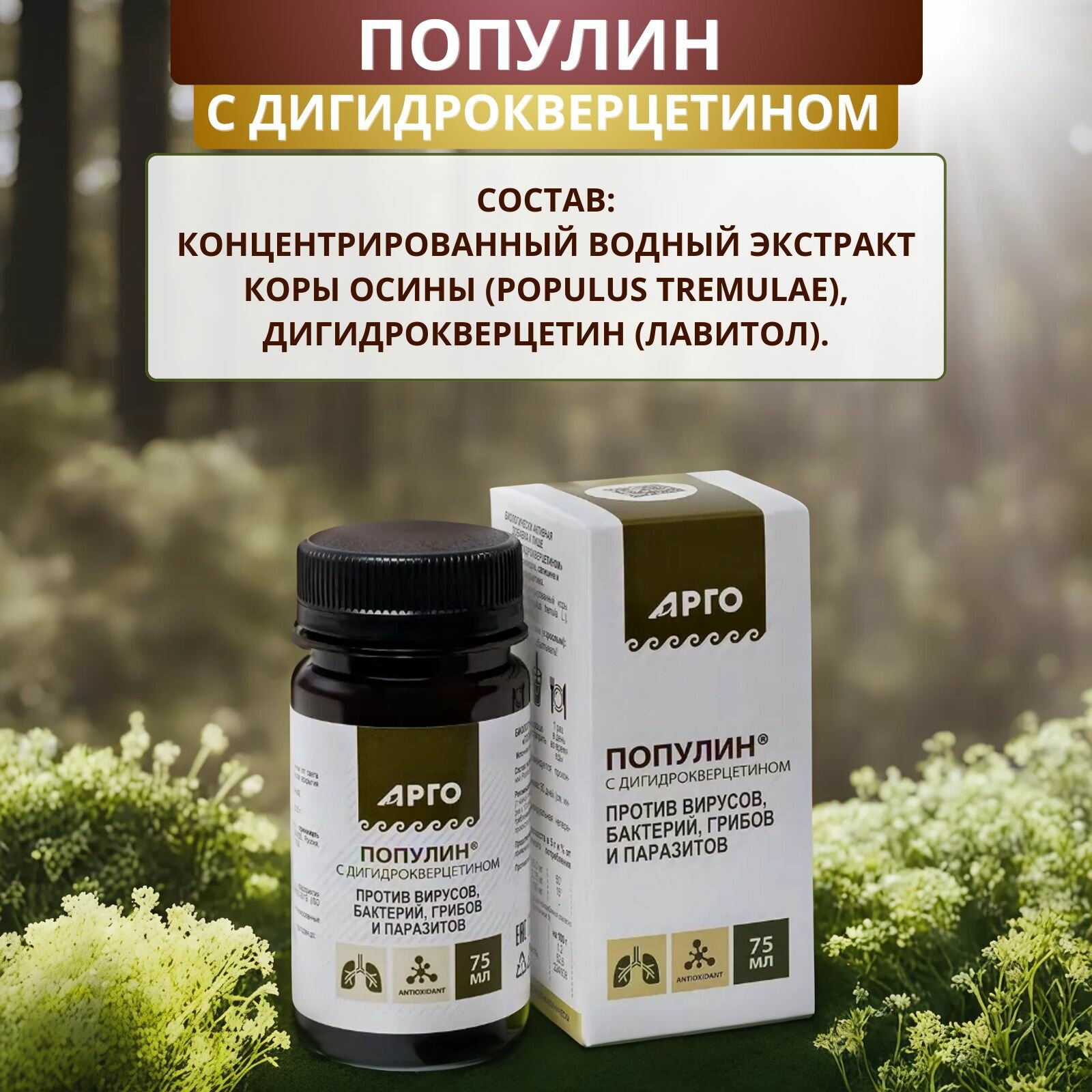 Популин с дигидрокверцетином, антипаразитарное средство для дегельминтизации, 75 мл — фото 1