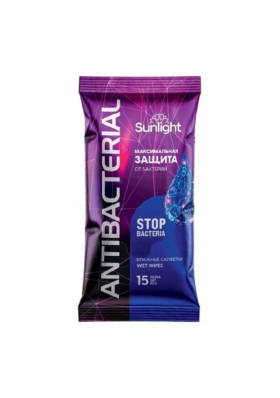 Влажные салфетки SUNLIGHT  Antibacterial   Максимальная защита  15 шт