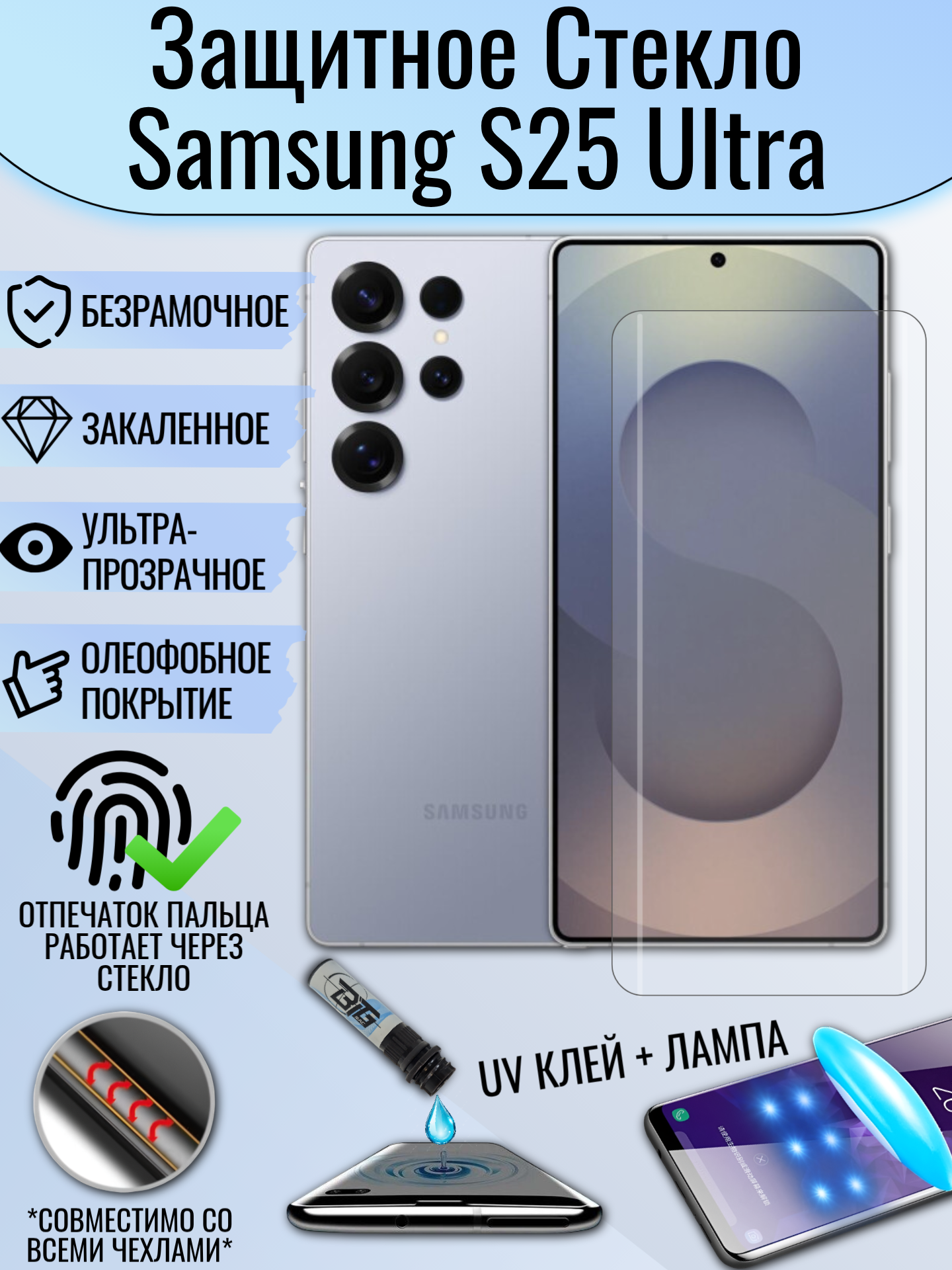 Защитное стекло для Samsung S25 Ultra с UV УФ клеем и лампой / Стекло Самсунг С25 Ультра