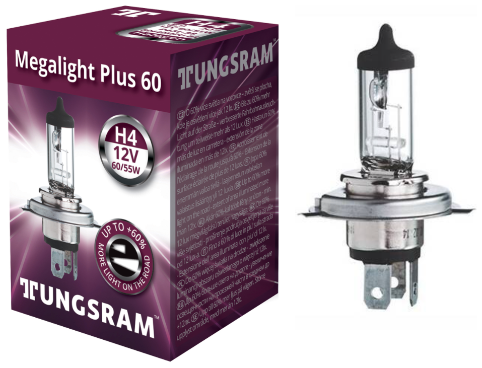 Лампа автомобильная H4 12V- 60/55W (P43t) Megalight Plus+60% (Tungsram) 1шт.