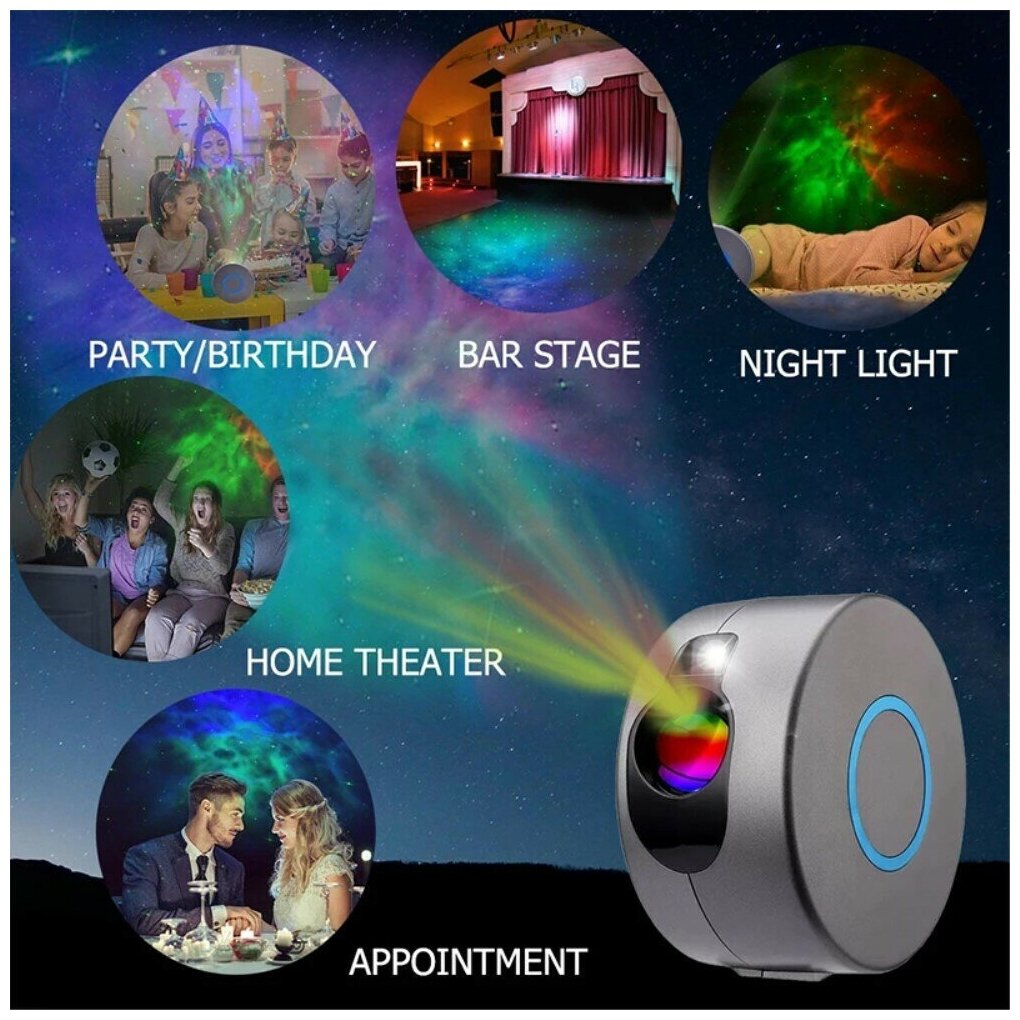 Вращающийся проектор ночного звездного неба для дома / бара / вечеринки, 7 режимов - серый